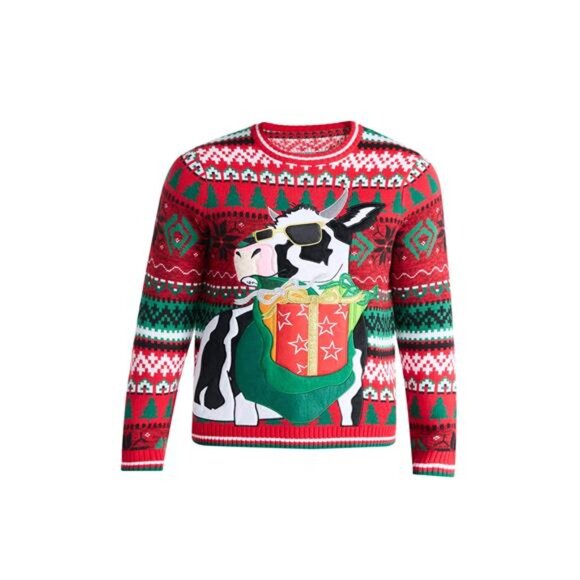 Men’s Christmas Cow Sweater with Drink Pocket Holiday Long Sleeve Ugly Sweater - Picture 5 of 6